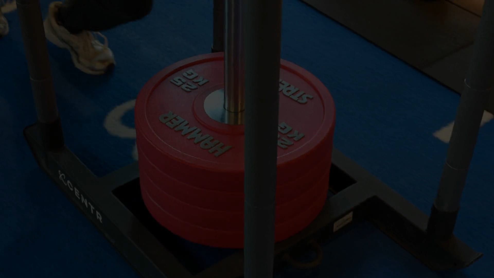 Een slee met rode halterschijven op de sprintbaan in Fitness4All